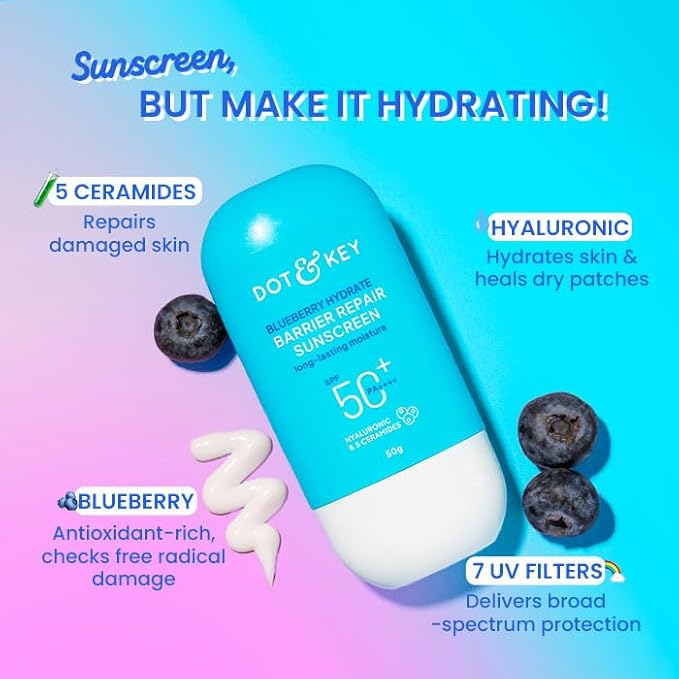 Dot & Key Blueberry Hydrate Barrier Repair Sunscreen In-Vivo Tested SPF 50+ PA++++ | With Ceramides & Hyaluronic, Hydrates & Protects Skin | Repairs Damaged Skin, Lightweight, Non-Sticky, Non-Greasy | 30g - Image 2