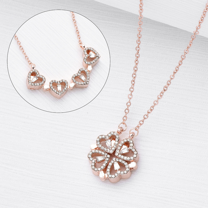Retro Magnetic Folding Heart Shaped Four Leaf Clover Pendant Necklace Women Love Clavicle Chain Gifts Openable Choker Jewelry - Image 4