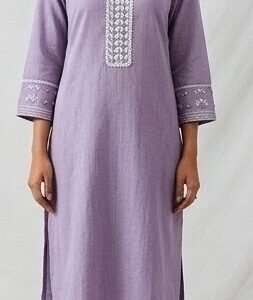 Women Lavender Embroidered Straight Kurta with Pant Set